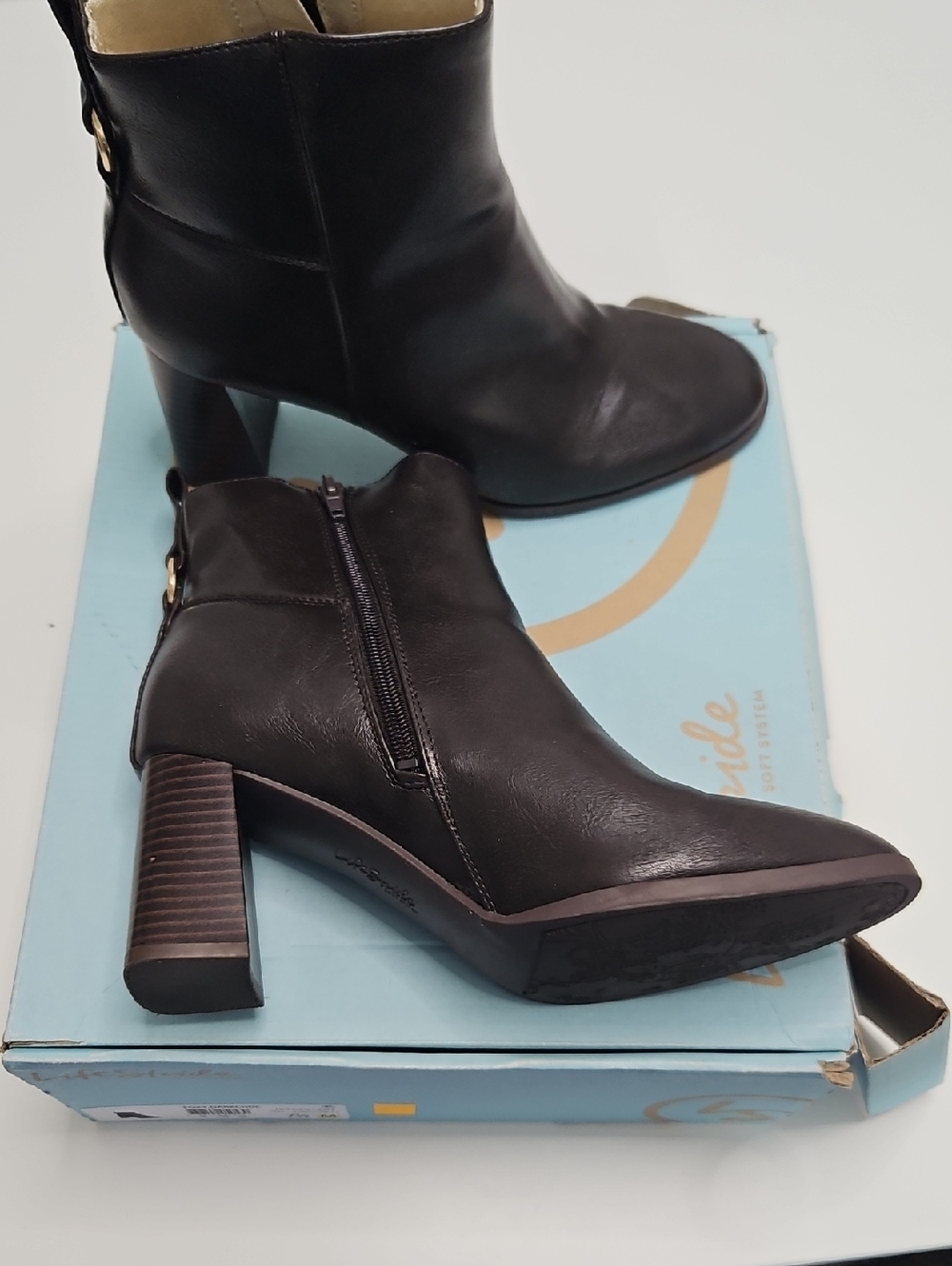 LifeStride Brown Faux Leather Ankle Boots with Stacked Heel